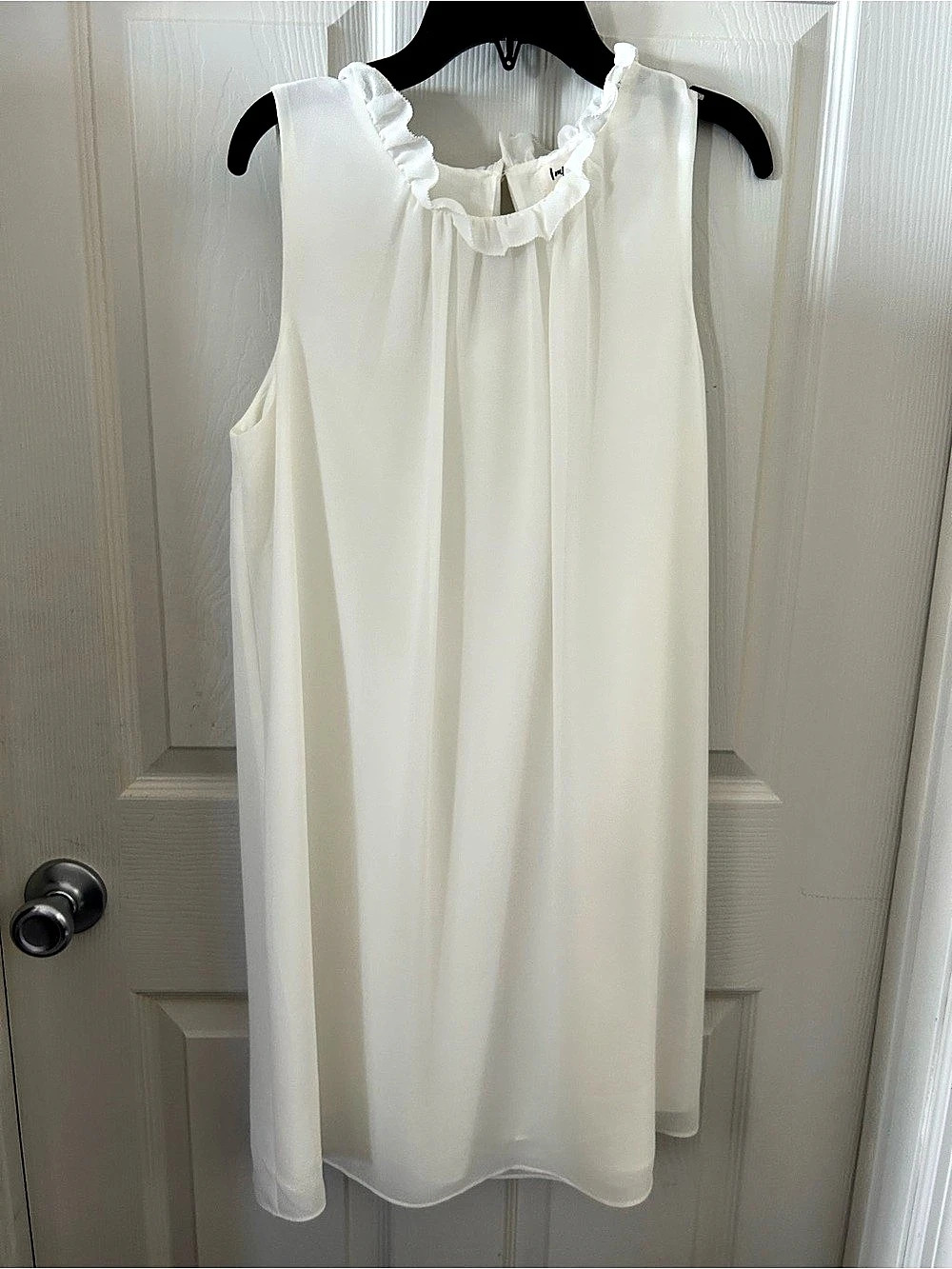 Impressions Ruffle Neck Mini Dress in White Size Medium Lined